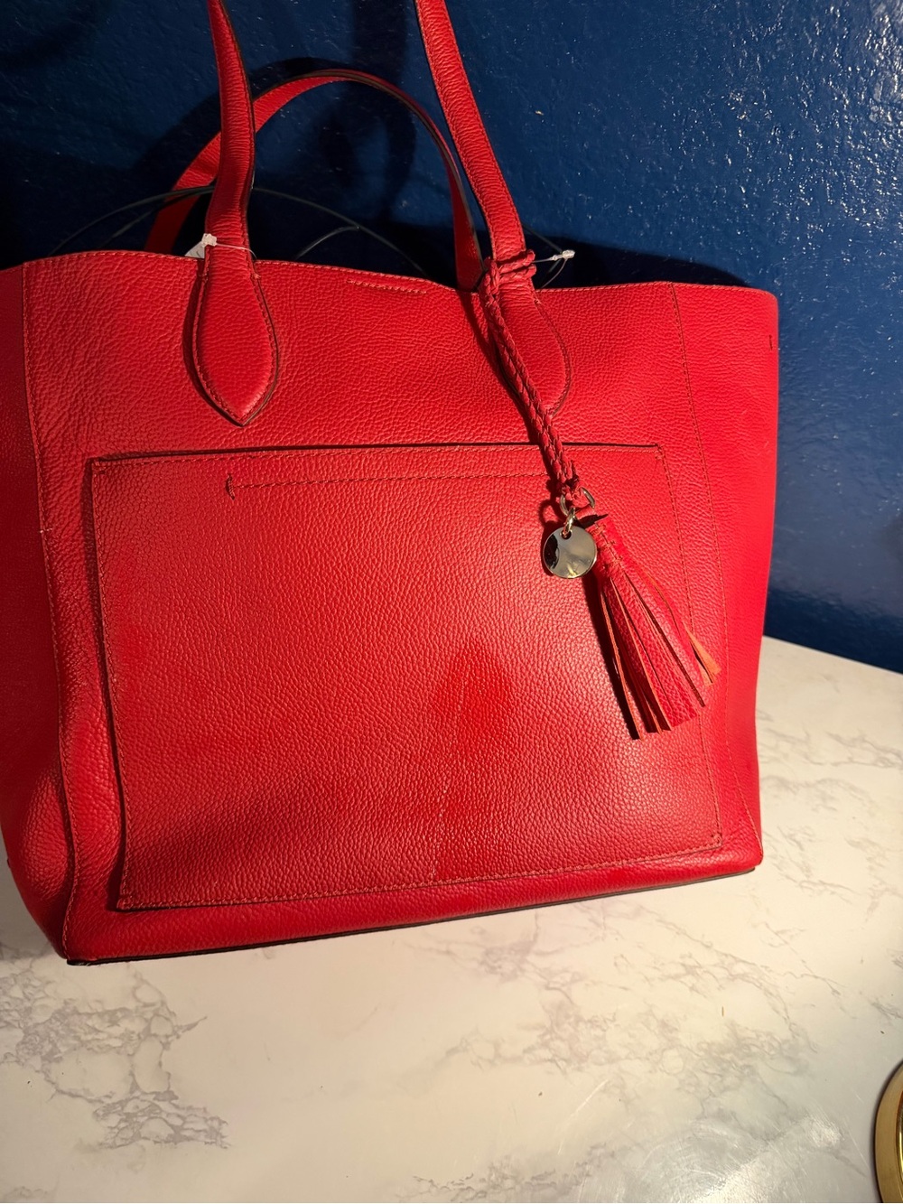 New ColeHaan  Red Leather Tote Bag with Tassel Charm